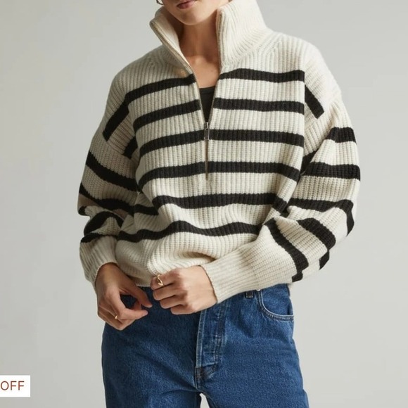 Everlane Sweaters - Everlane Cloud Oversized Half-Zip Striped Wool Sweater Cream Navy 1105738960